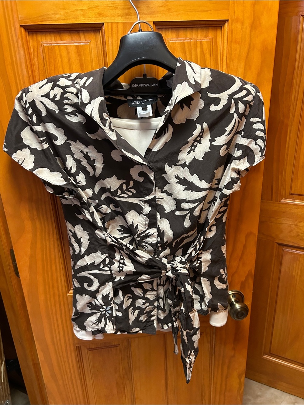 Jones New York brown and beige Floral Tie-Waist Blouse with off white skirt.